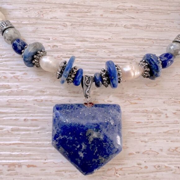 Handmade Blue Lapis Lazuli Silver Pearl Beaded Necklace - Picture 2 of 7